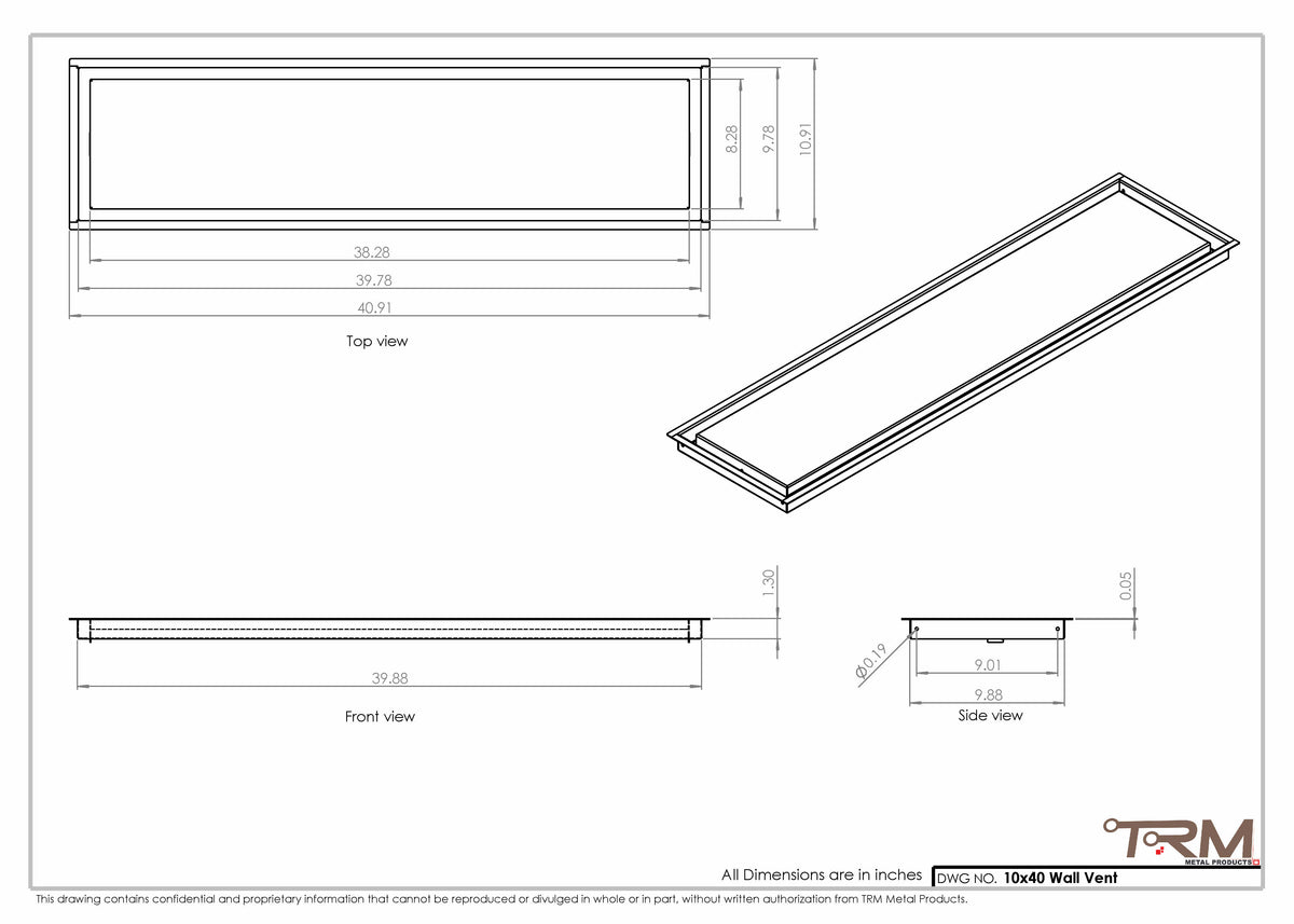 10x40 wall vent cover, dimensions drawing
