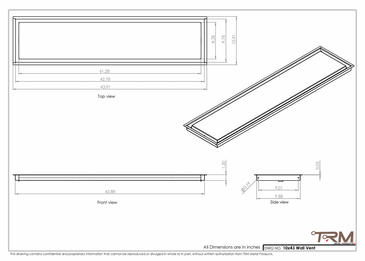 10x43 wall vent cover, dimensions drawing