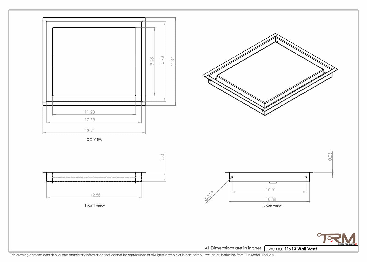 11x13 wall vent cover, dimensions drawing