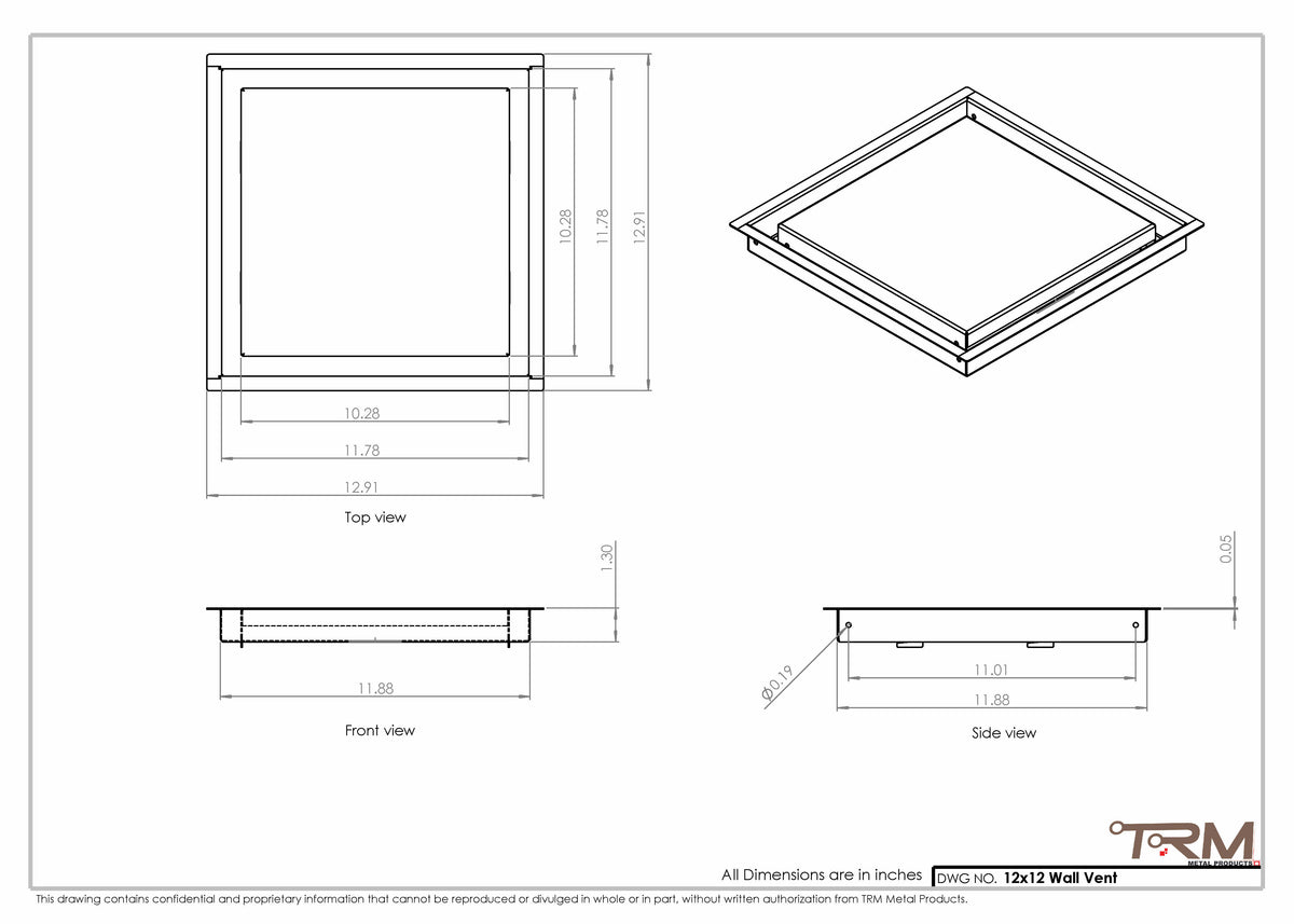 12x12 wall vent cover, dimensions drawing