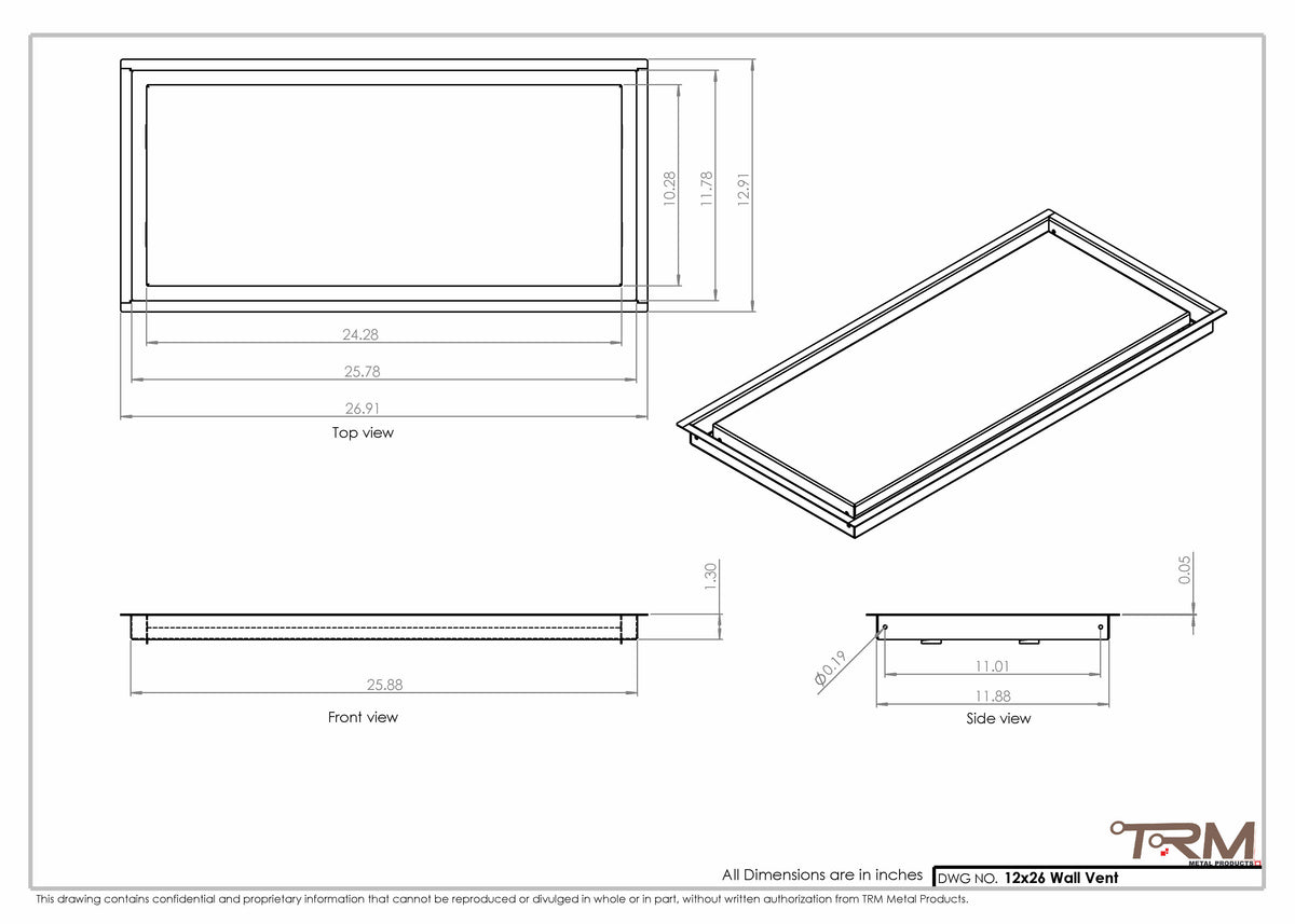 12x26 wall vent cover, dimensions drawing