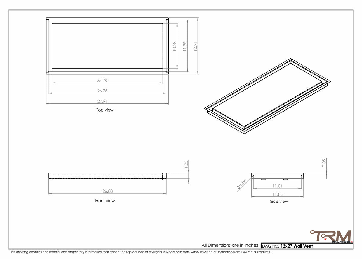 12x27 wall vent cover, dimensions drawing