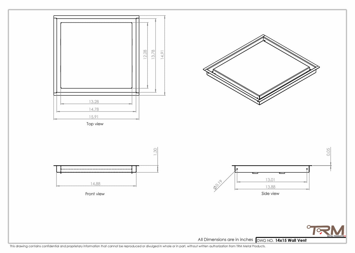 14x15 wall vent cover, dimensions drawing