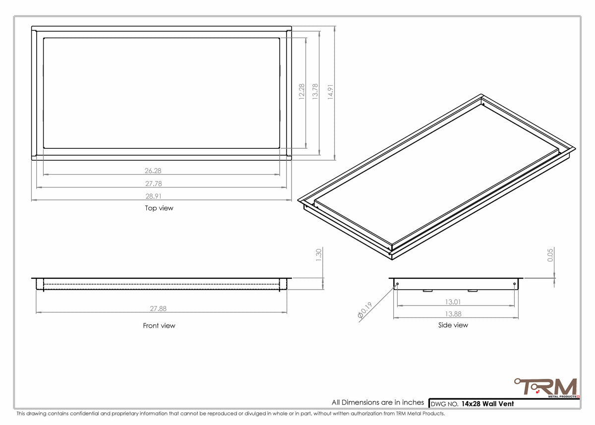 14x28 wall vent cover, dimensions drawing