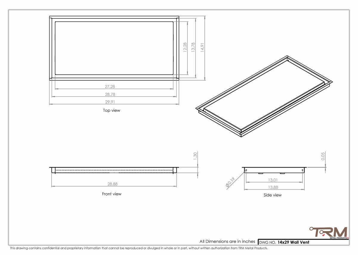 14x29 wall vent cover, dimensions drawing