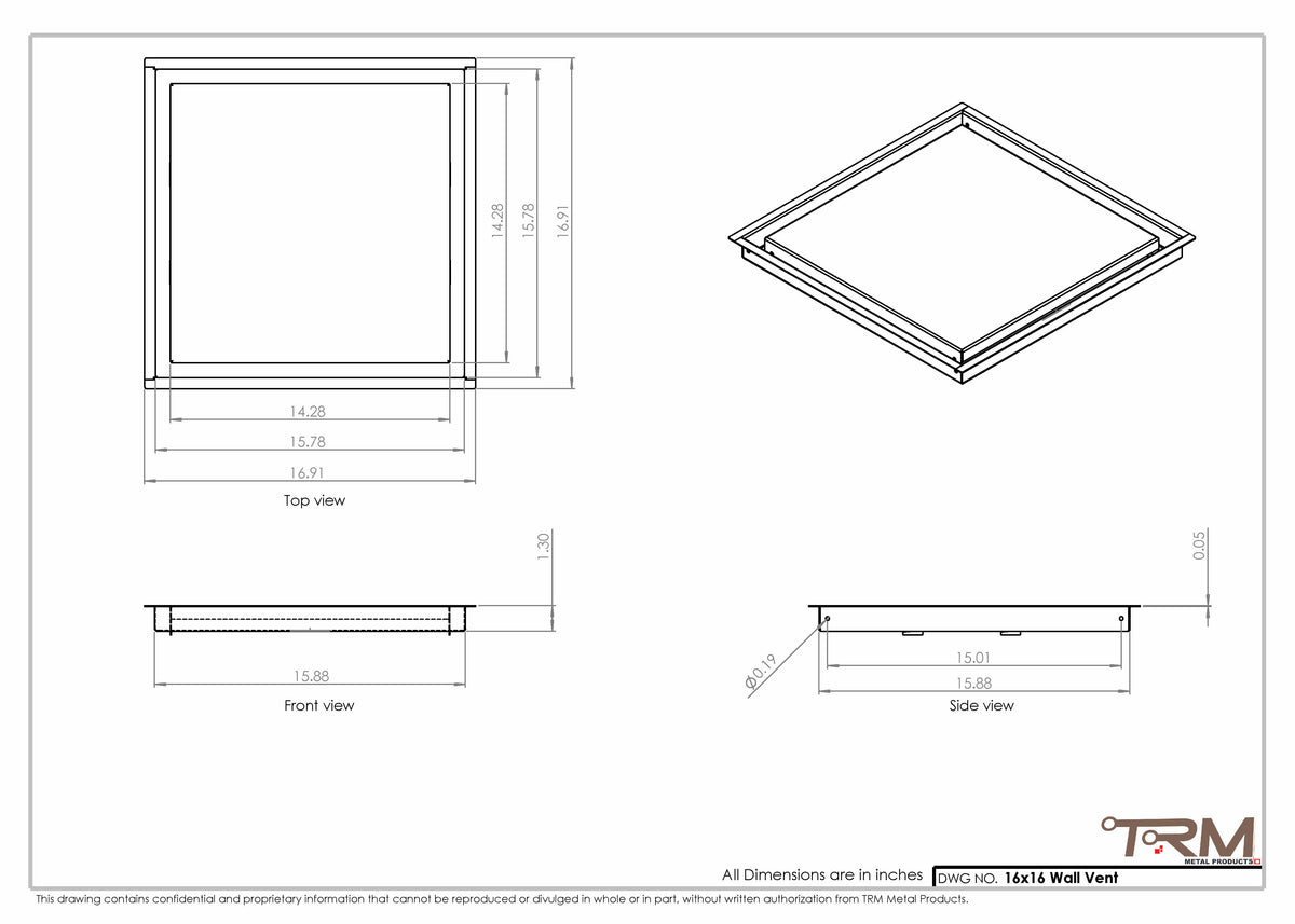 16x16 wall vent cover, dimensions drawing