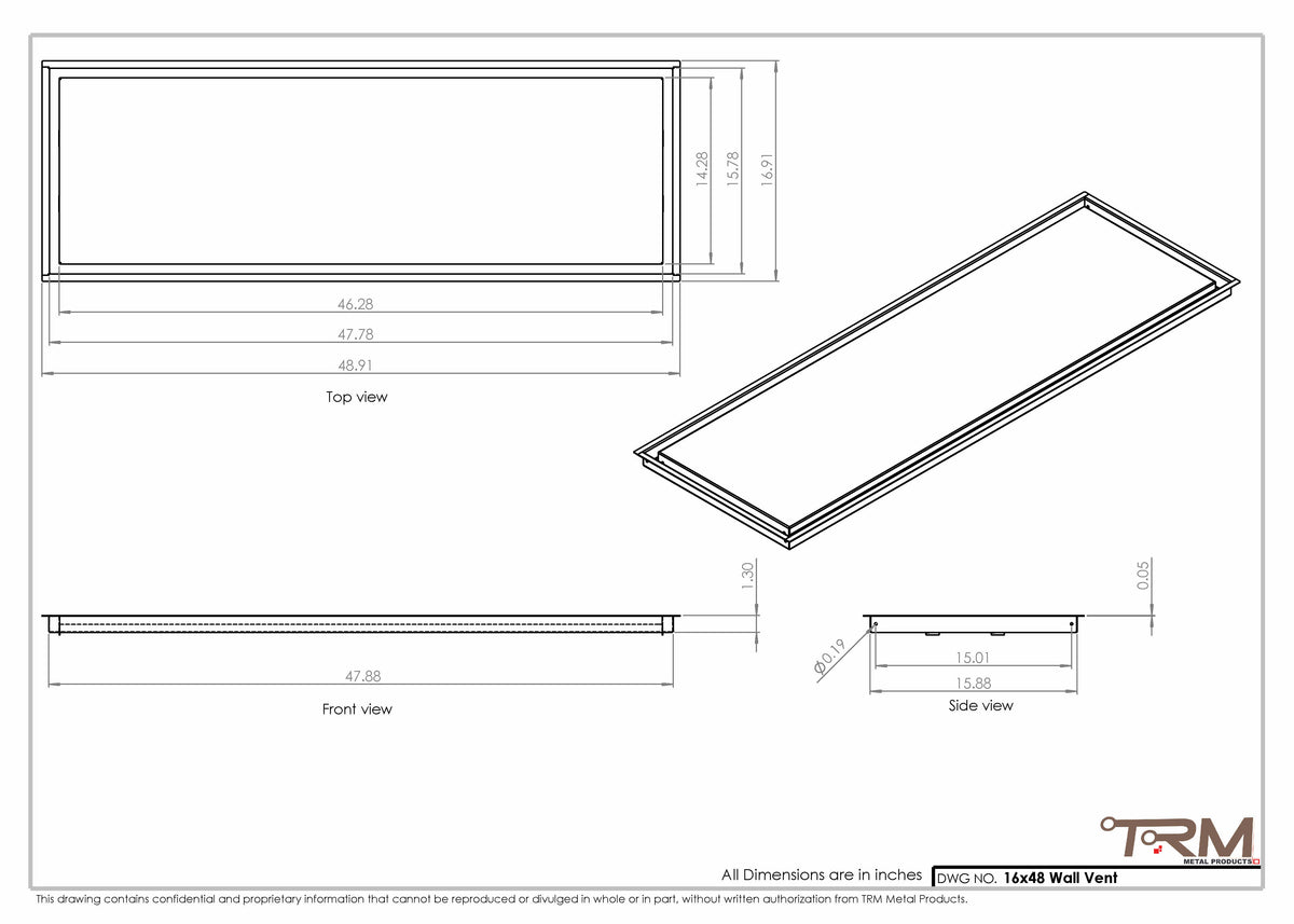 16x48 wall vent cover, dimensions drawing