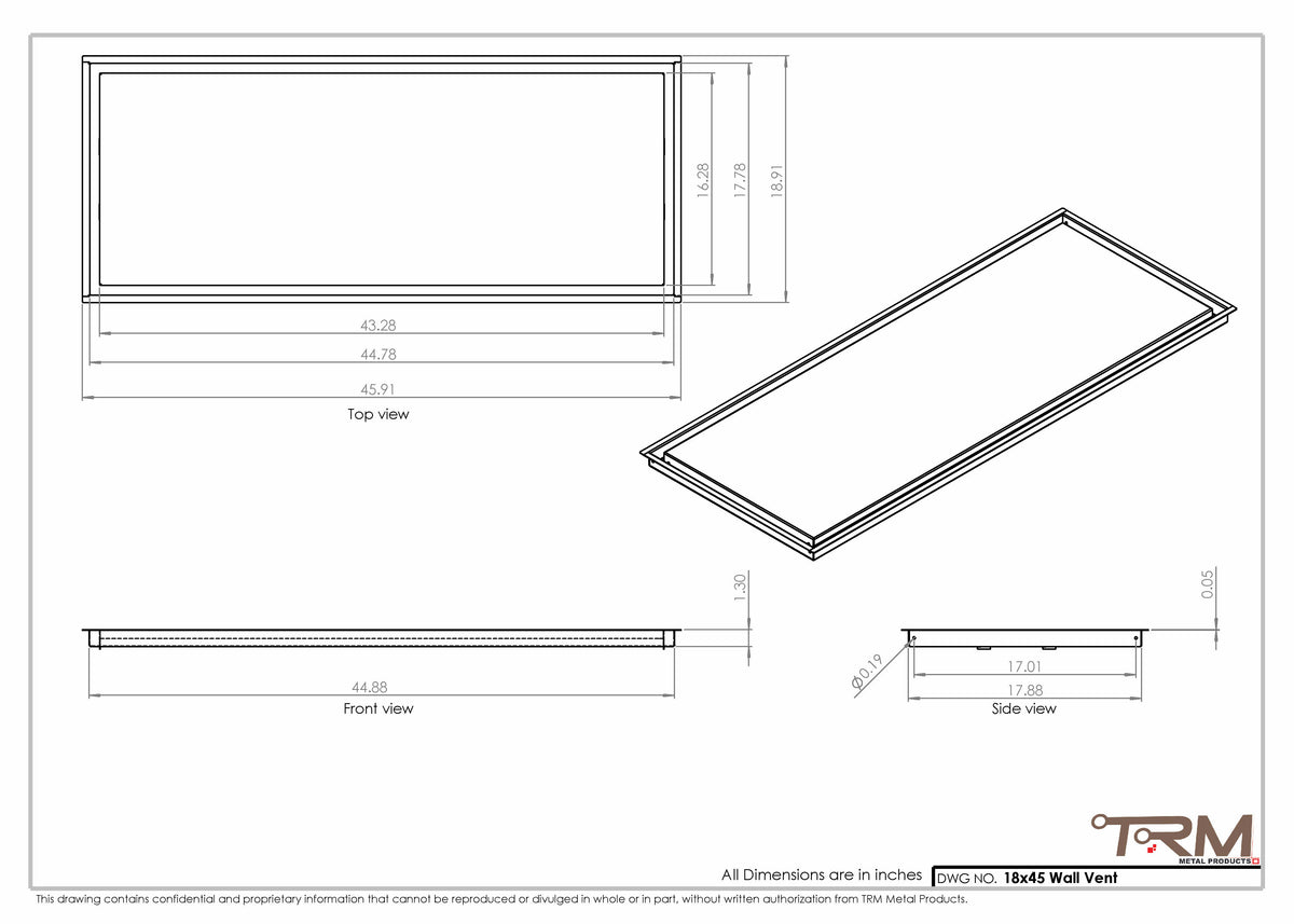 18x45 wall vent cover, dimensions drawing