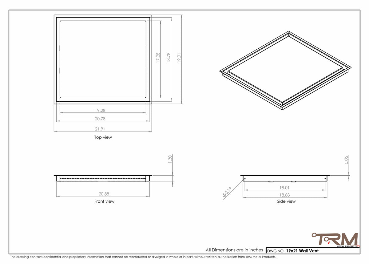 19x21 wall vent cover, dimensions drawing