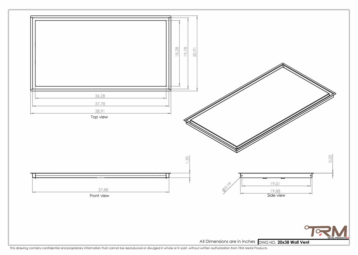 20x38 wall vent cover, dimensions drawing