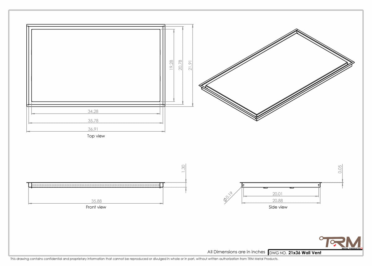 21x36 wall vent cover, dimensions drawing