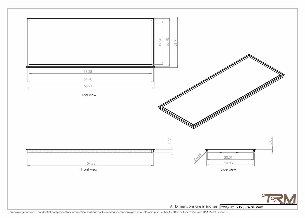 21x55 wall vent cover, dimensions drawing