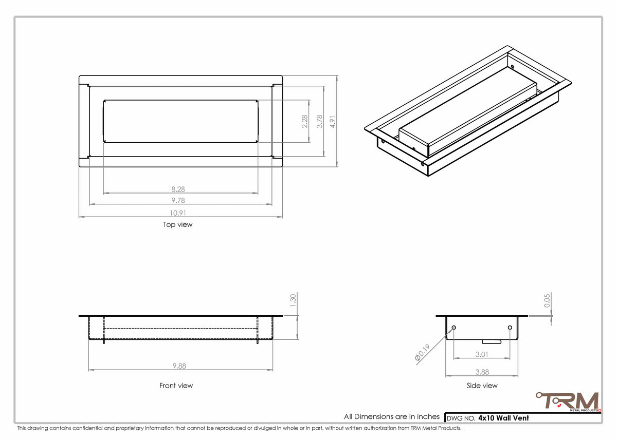 4x10 wall vent cover, dimensions drawing