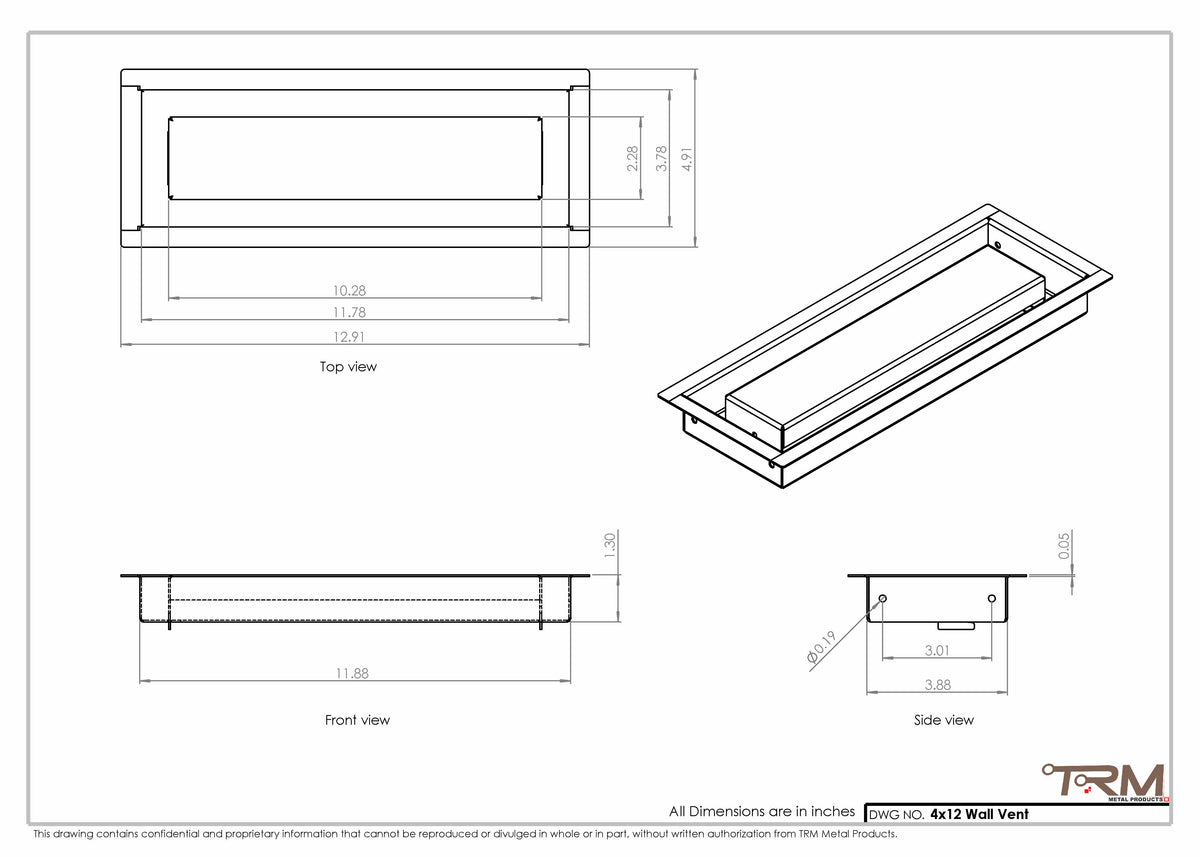 4x12 wall vent cover, dimensions drawing