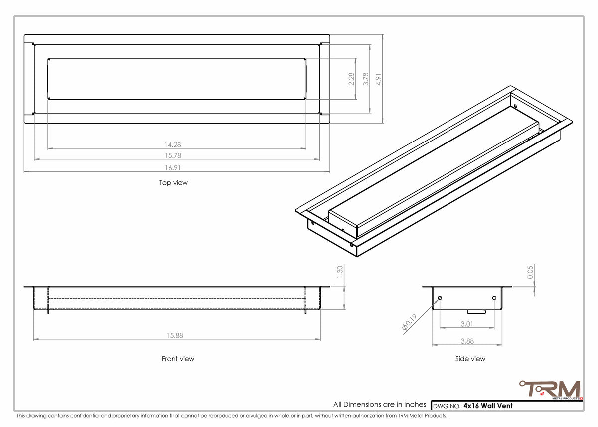 4x16 wall vent cover, dimensions drawing