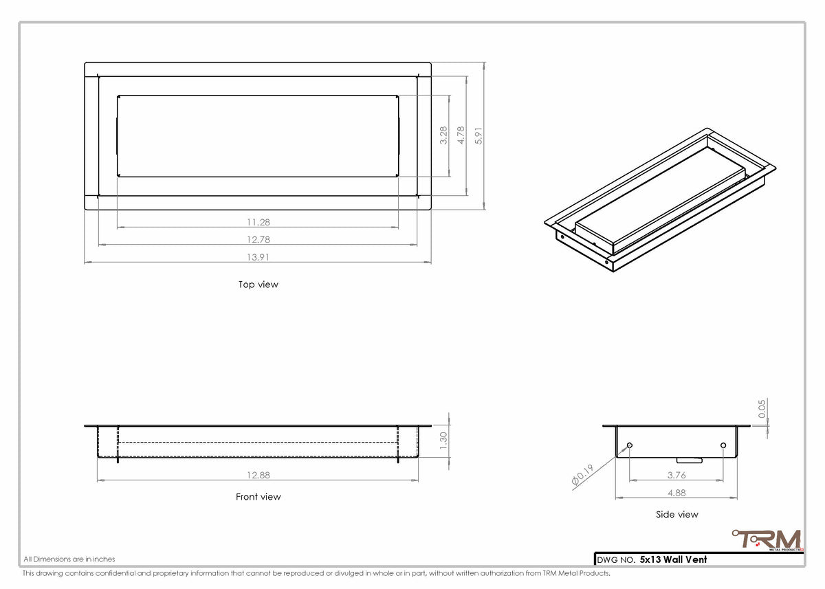 5x13 wall vent cover, dimensions drawing