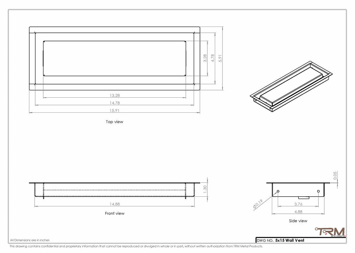 5x15 wall vent cover, dimensions drawing