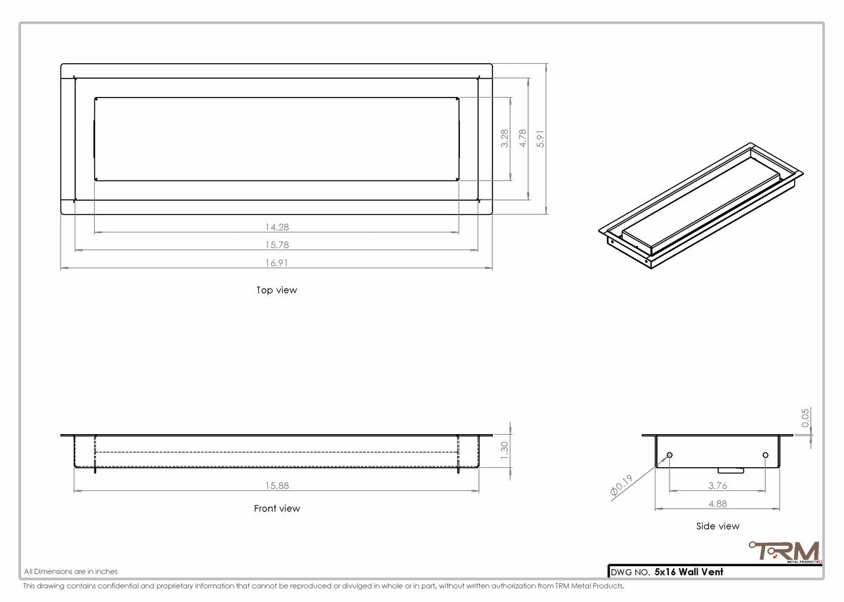 5x16 wall vent cover, dimensions drawing