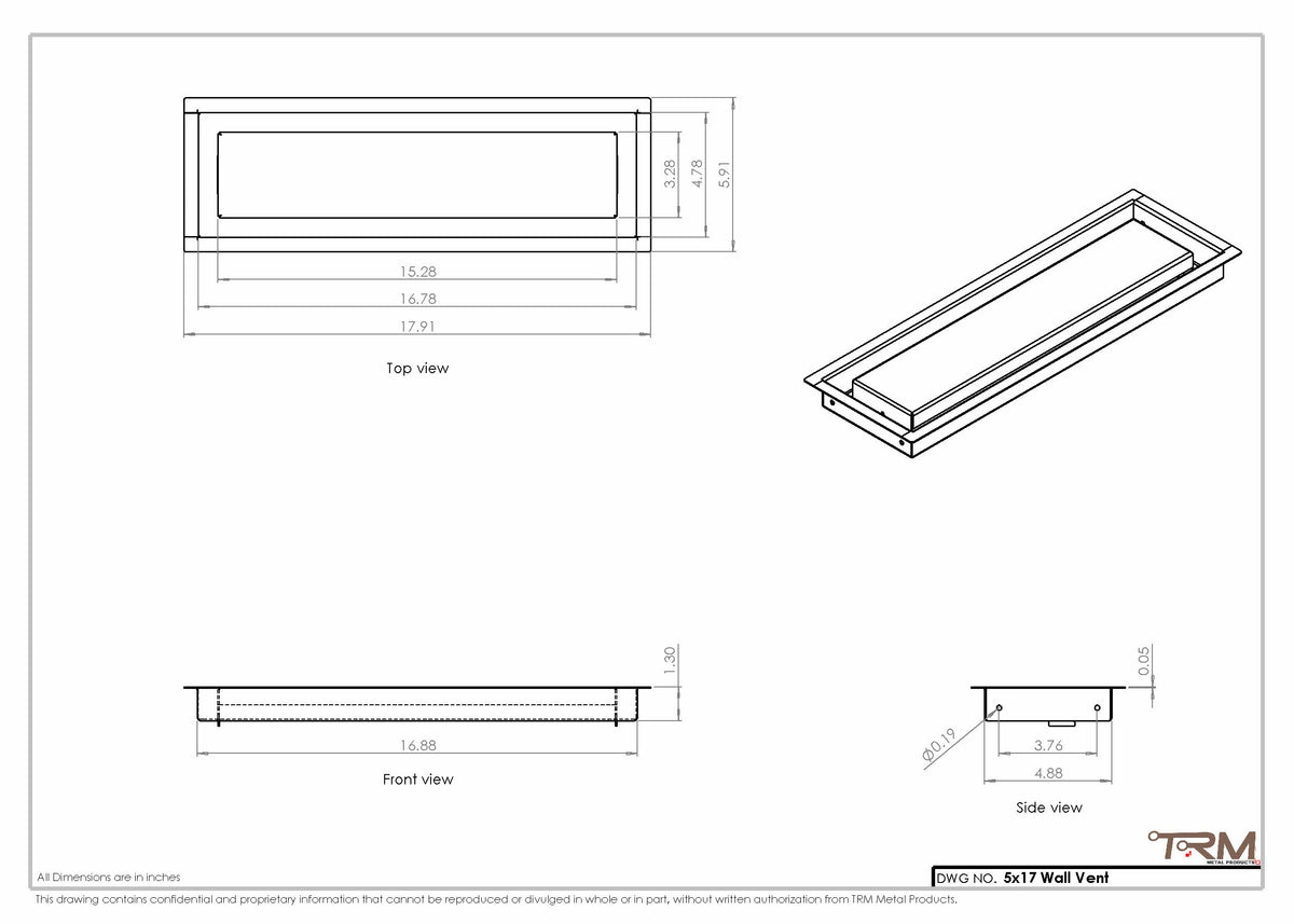 5x17 wall vent cover, dimensions drawing