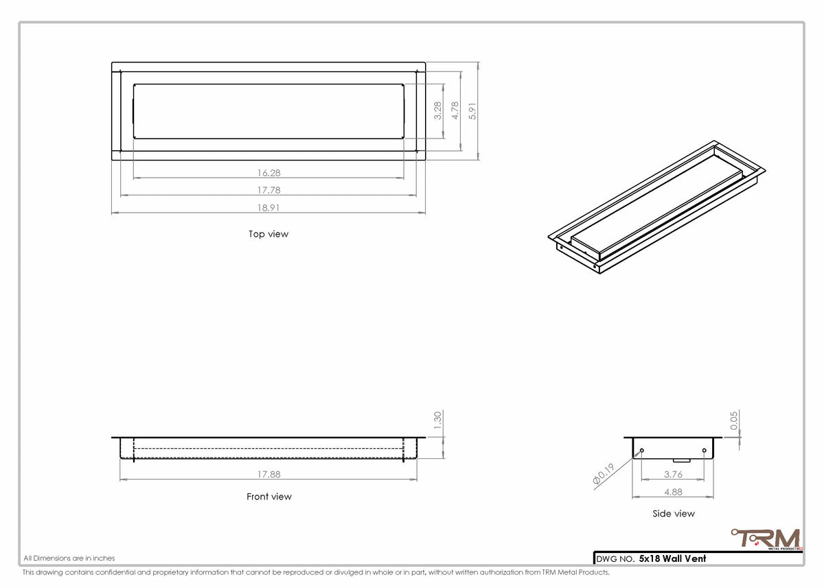5x18 wall vent cover, dimensions drawing