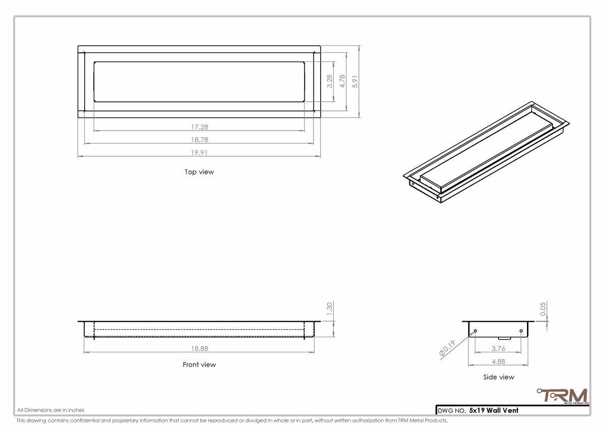 5x19 wall vent cover, dimensions drawing