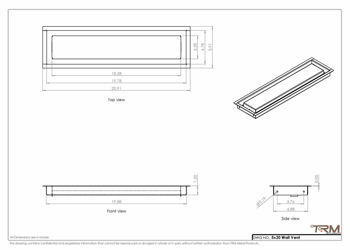 5x20 wall vent cover, dimensions drawing