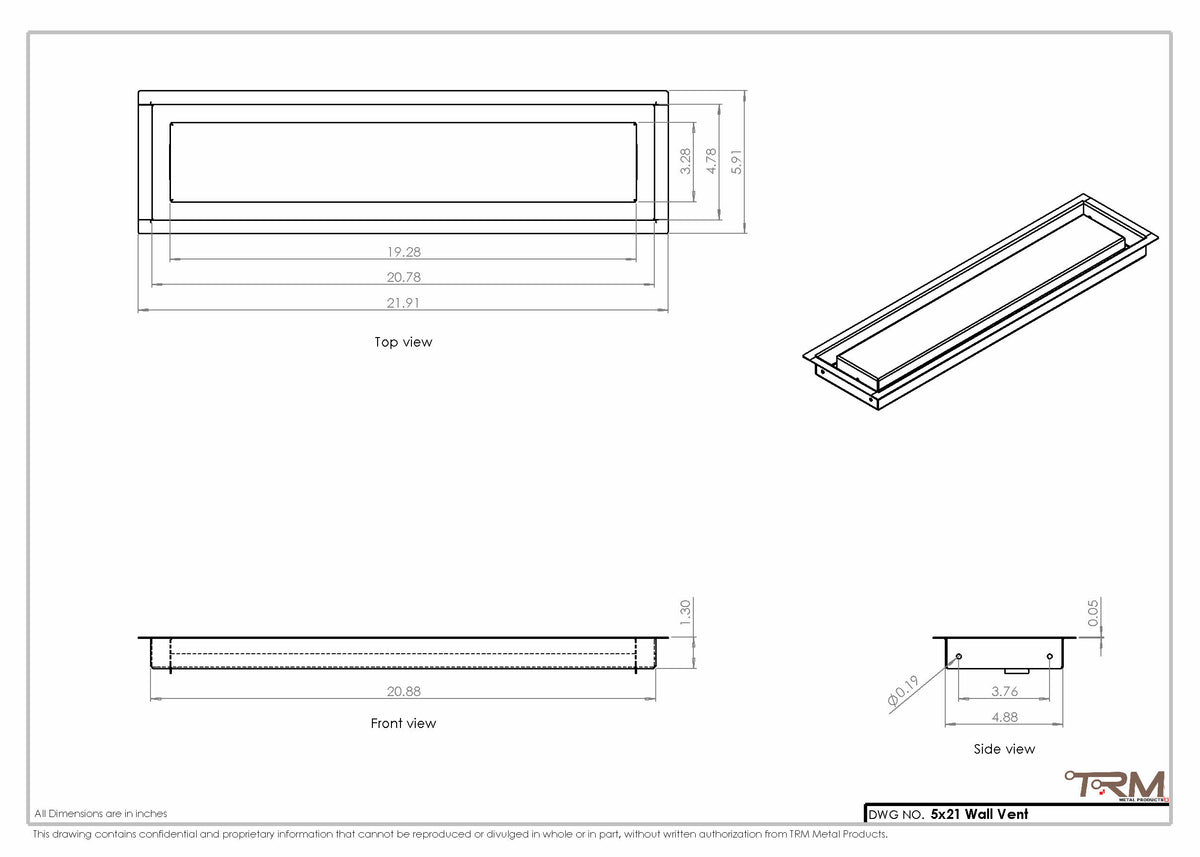 5x21 wall vent cover, dimensions drawing