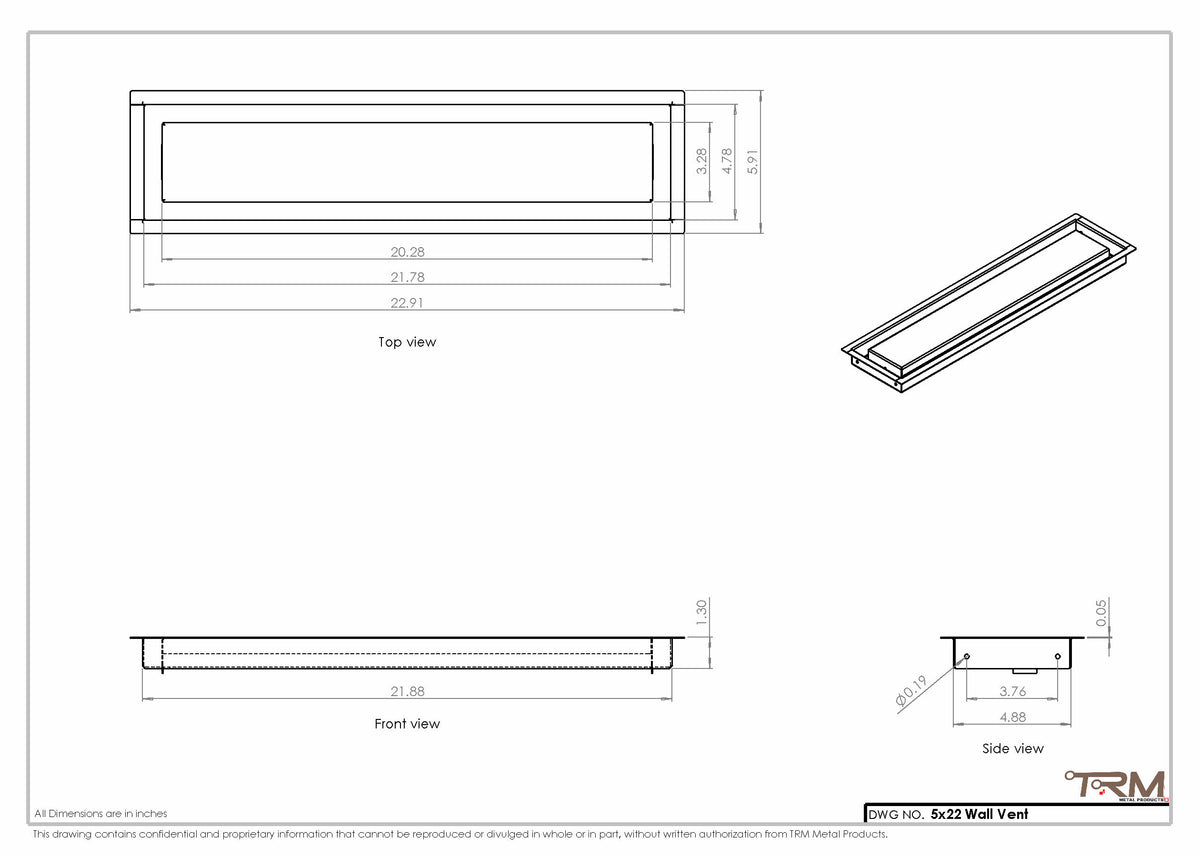 5x22 wall vent cover, dimensions drawing