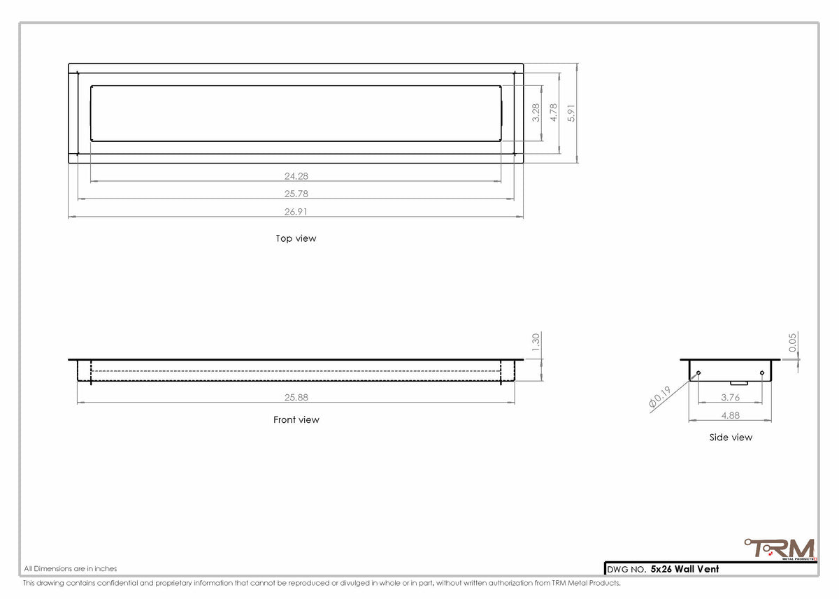5x26 wall vent cover, dimensions drawing