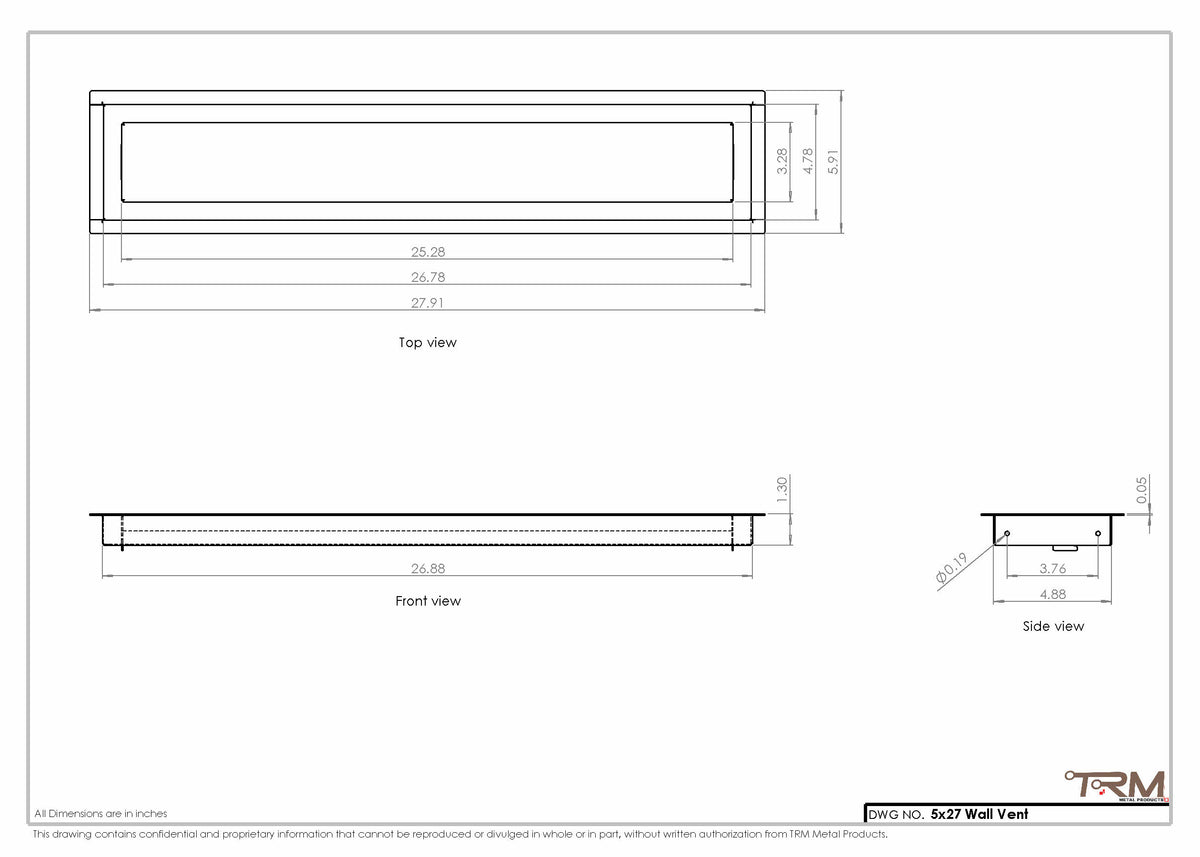 5x27 wall vent cover, dimensions drawing