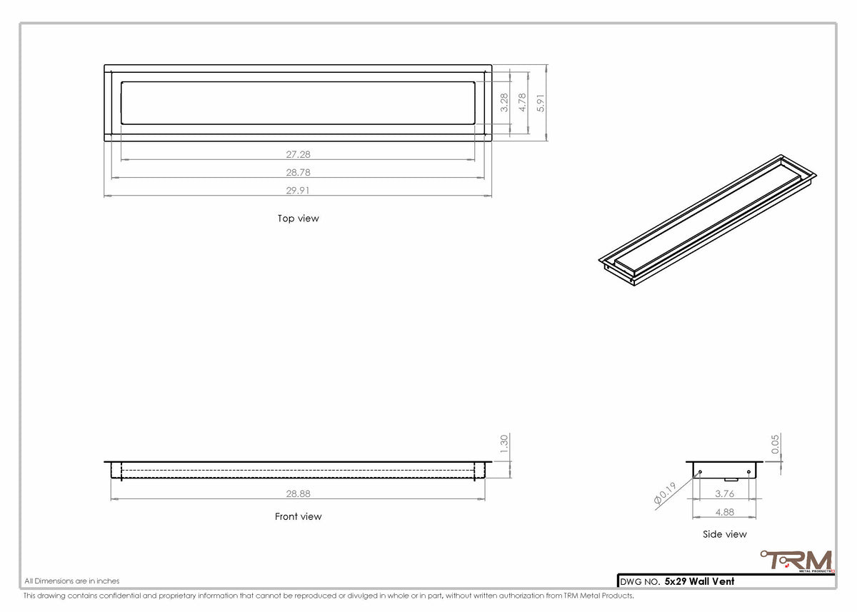 5x29 wall vent cover, dimensions drawing