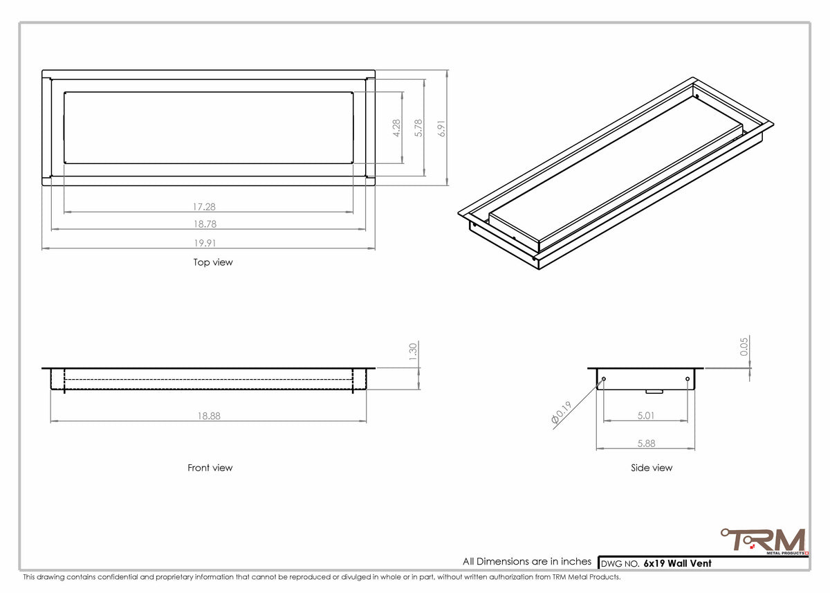 6x19 wall vent cover, dimensions drawing
