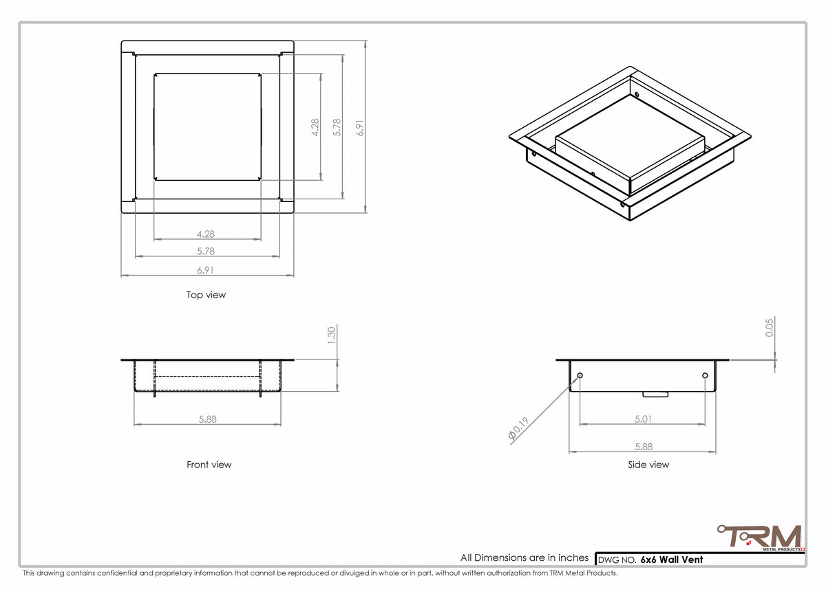 6x6 wall vent cover, dimensions drawing