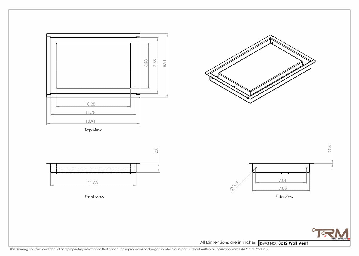 8x12 wall vent cover, dimensions drawing