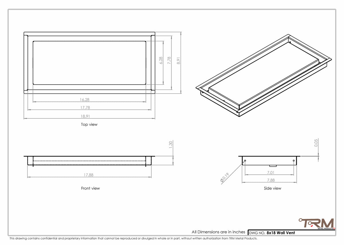 8x18 wall vent cover, dimensions drawing