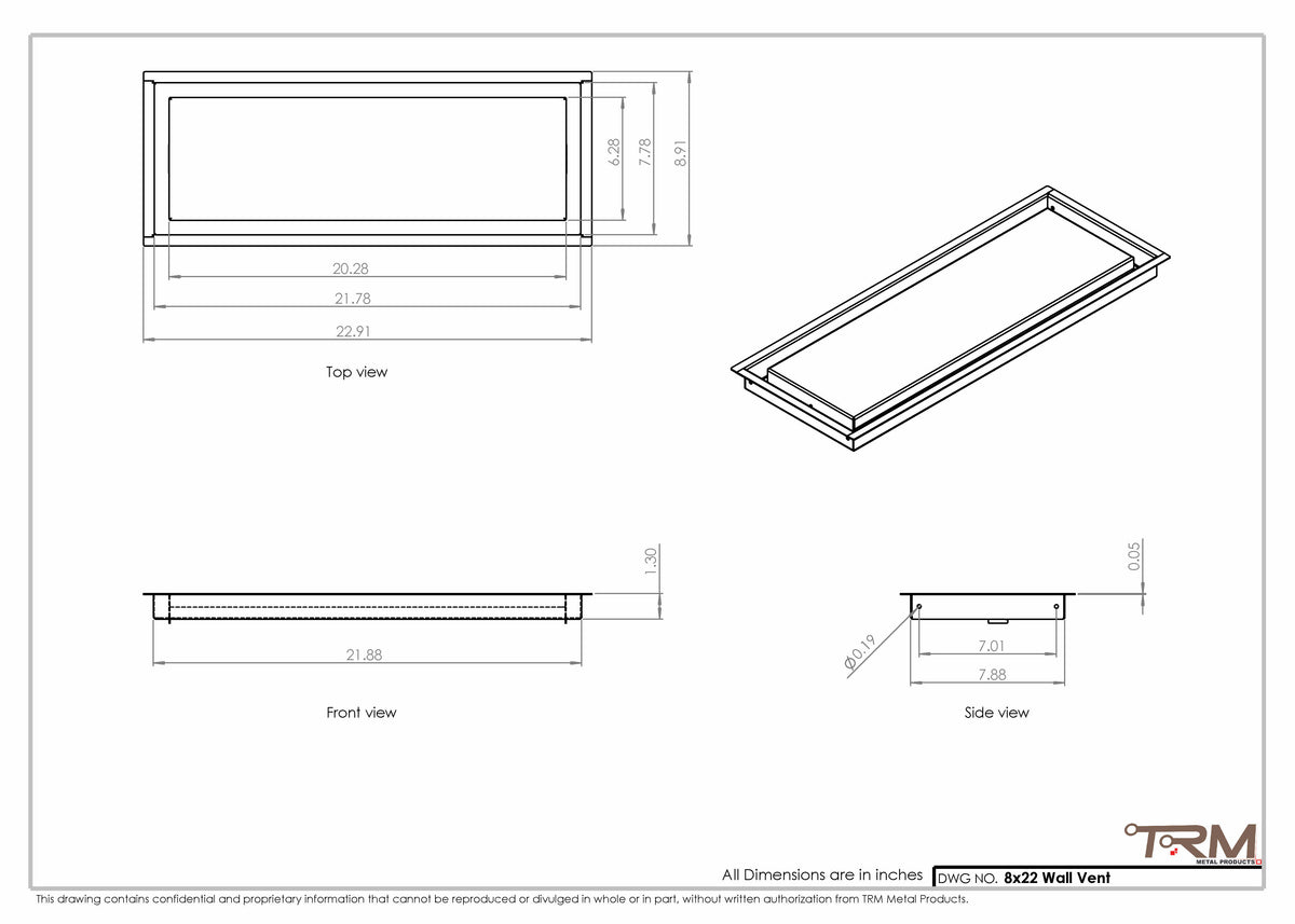 8x22 wall vent cover, dimensions drawing