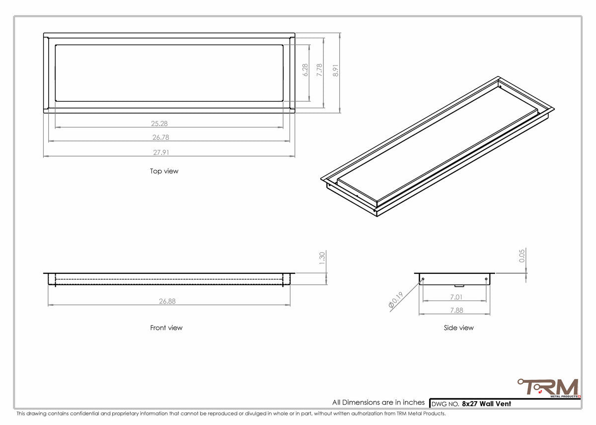 8x27 wall vent cover, dimensions drawing