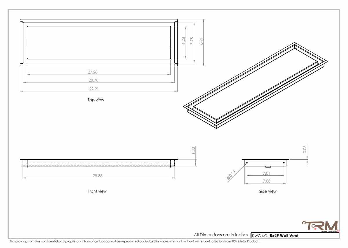 8x29 wall vent cover, dimensions drawing