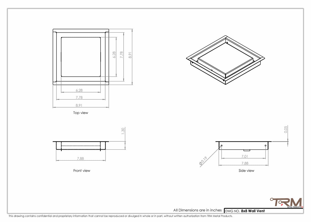 8x8 wall vent cover, dimensions drawing