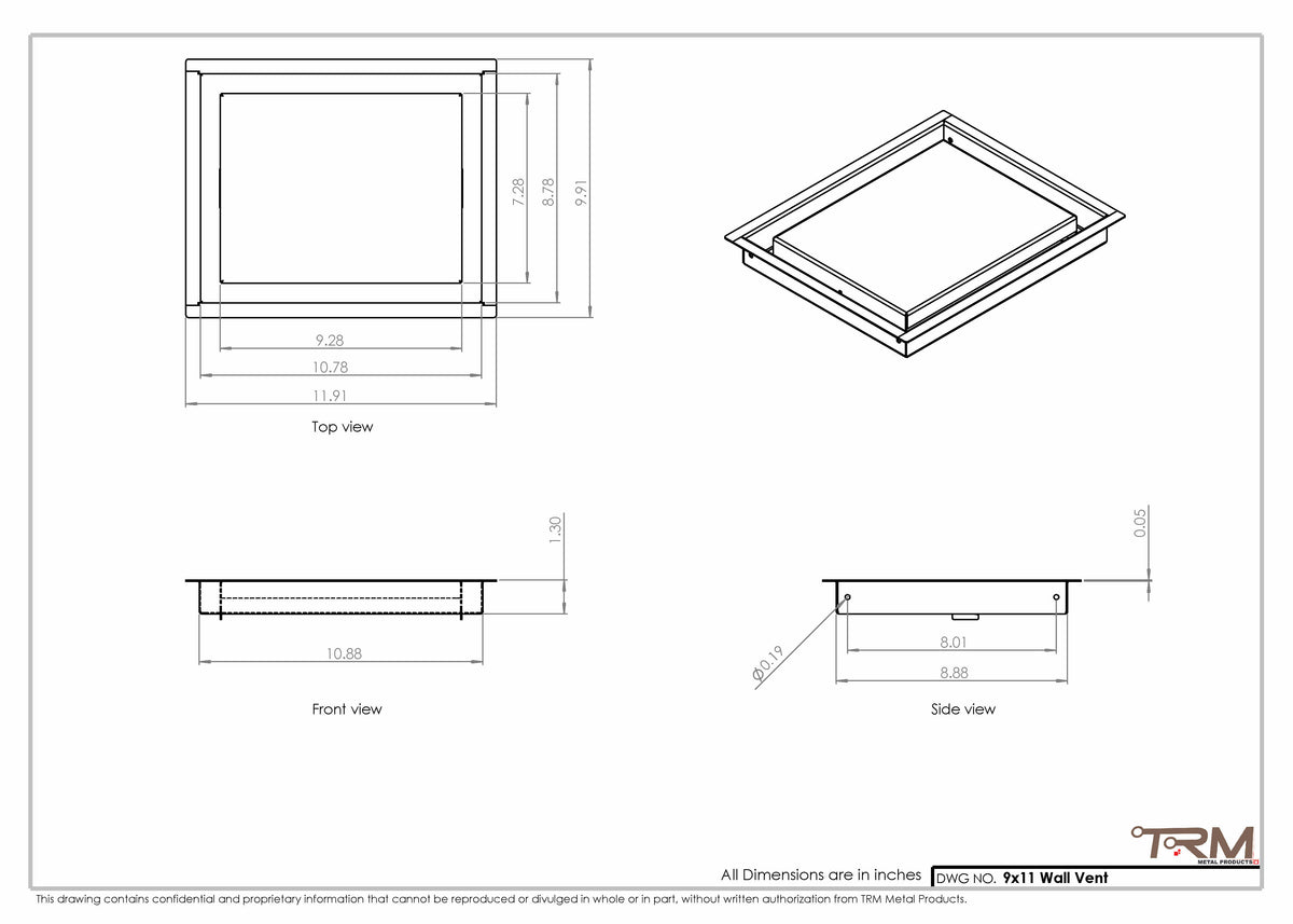 9x11 wall vent cover, dimensions drawing