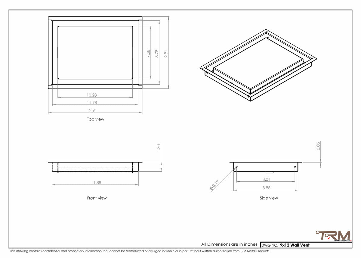 9x12 wall vent cover, dimensions drawing