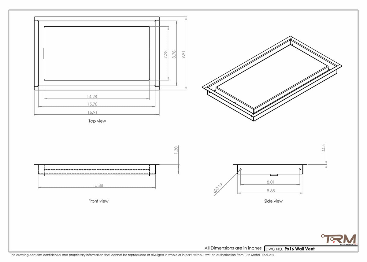 9x16 wall vent cover, dimensions drawing