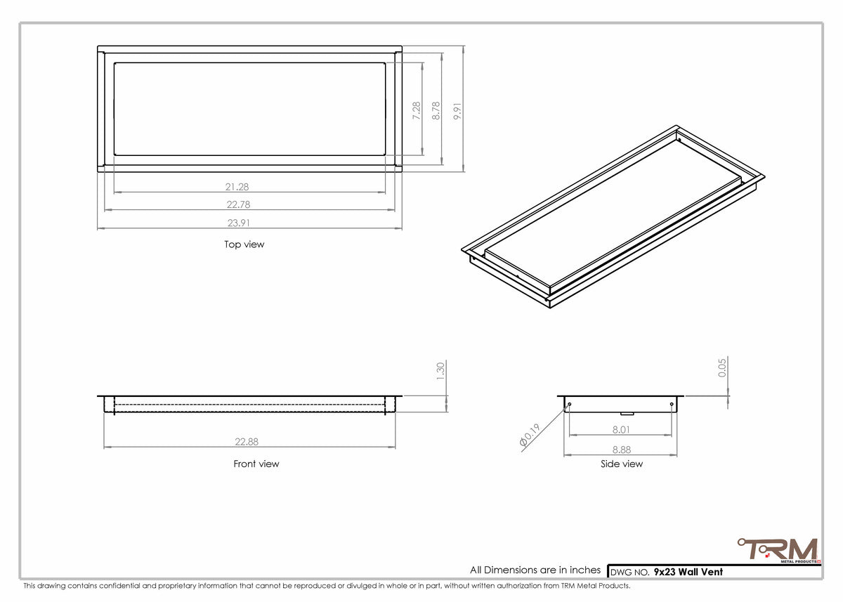 9x23 wall vent cover, dimensions drawing