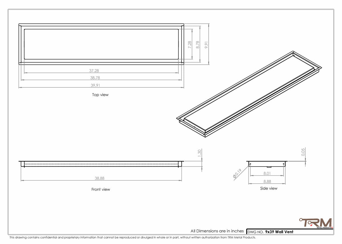9x39 wall vent cover, dimensions drawing